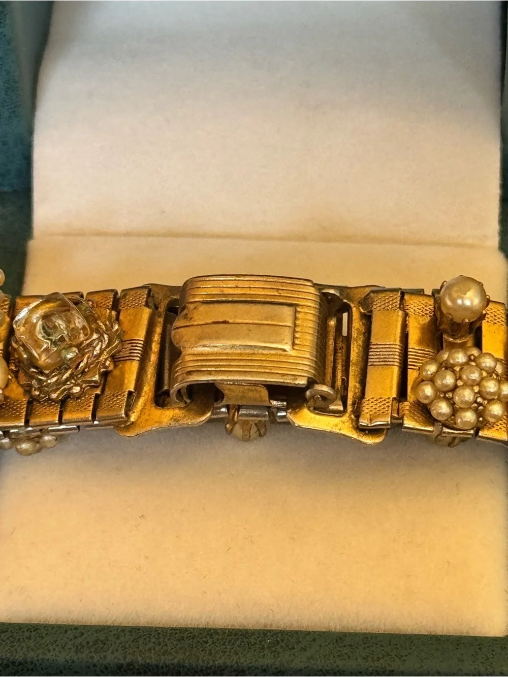 VTG 1950s Victorian Revival Gold Tone Faux Pearl Rhinestone Panel Bracelet 7”
